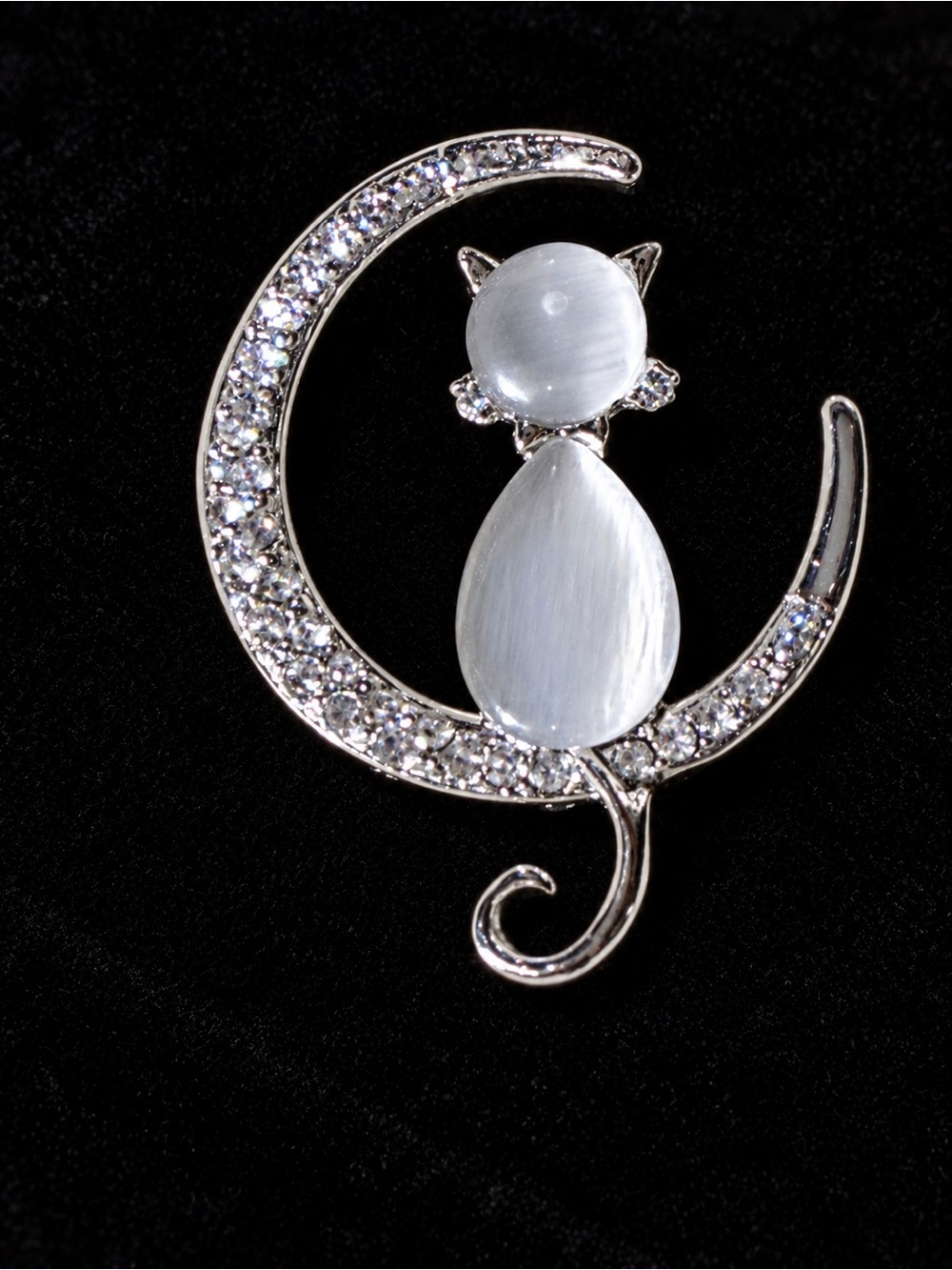 Silver Cat Crescent Brooch Pin - White Cats Eye Accents
